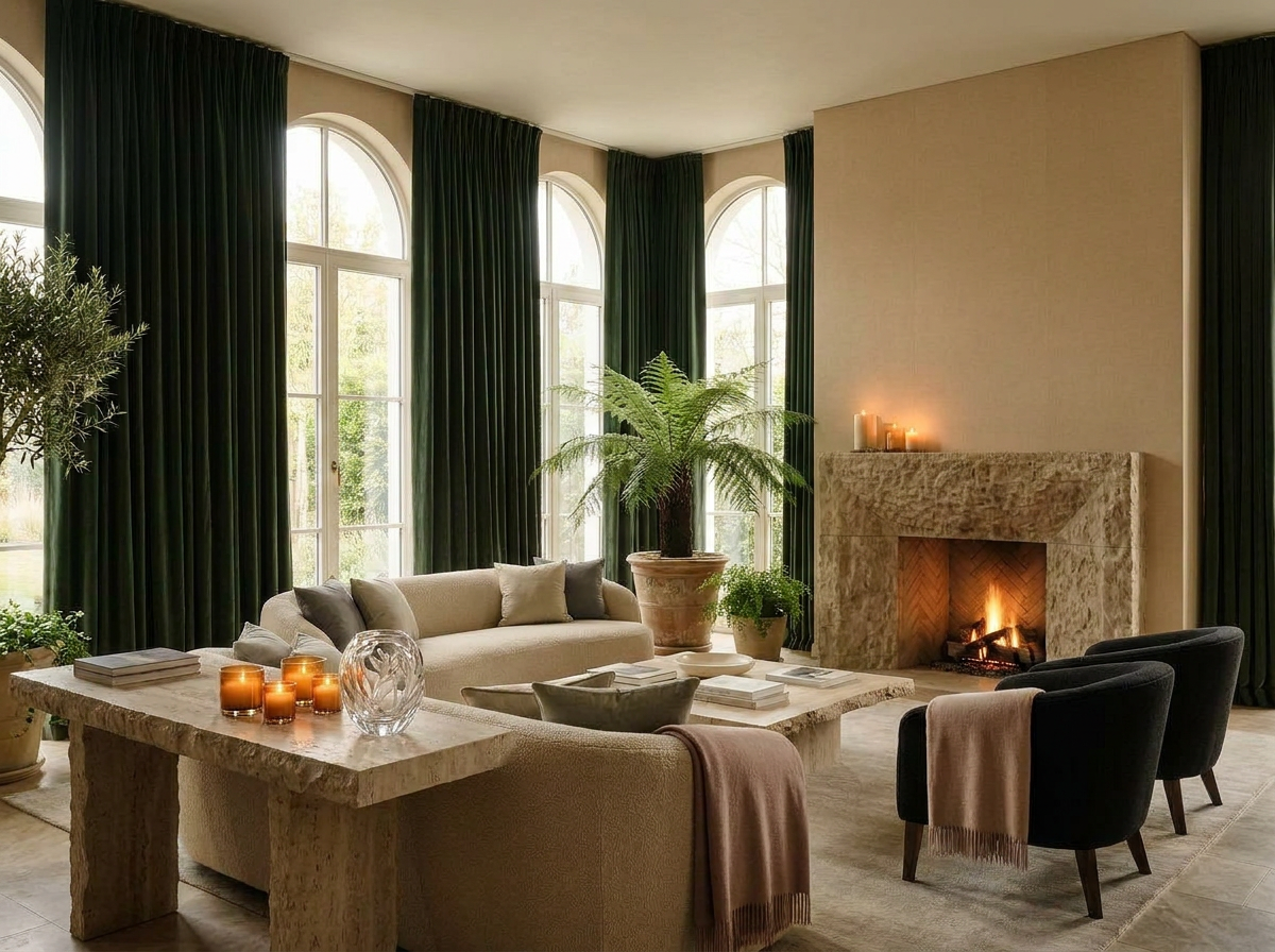Ultra-luxury sitting room with deep forest green drapes, stone fireplace, crystal glass accent and terracotta planting — Four Elements by Beverly Hills Luxury Interiors