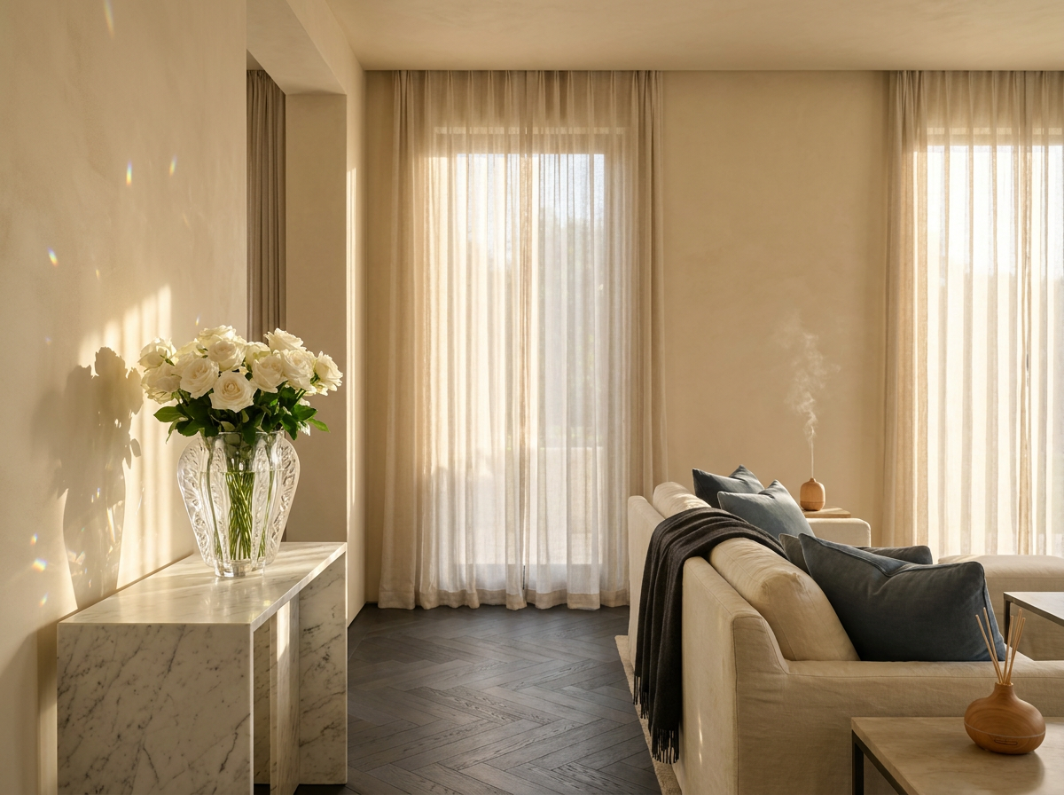 Ultra-luxury Five Senses interior with Lalique crystal vase on marble console — Beverly Hills Luxury Interiors