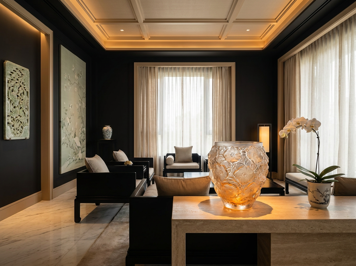 Ultra-luxury East-meets-West interior with prominent Lalique crystal vase — integrative healing design by Beverly Hills Luxury Interiors