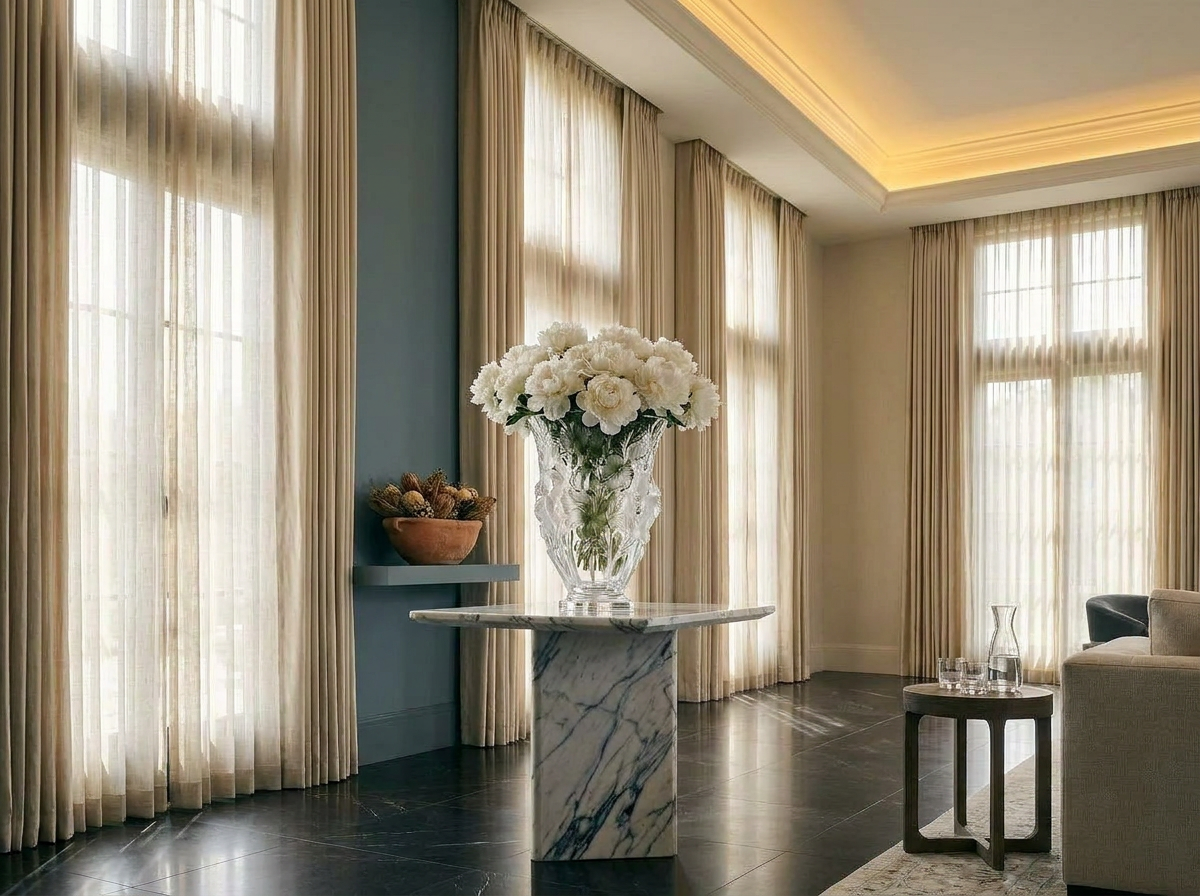 Ultra-luxury interior with prominent Lalique crystal vase — five senses ÖND longevity blueprint by Beverly Hills Luxury Interiors