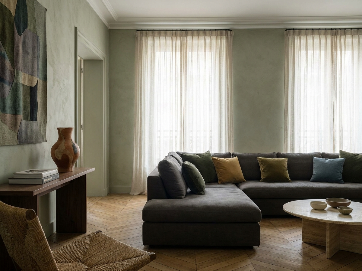ÖND quiet luxury living room with sage plaster walls, natural oak floors and understated European elegance