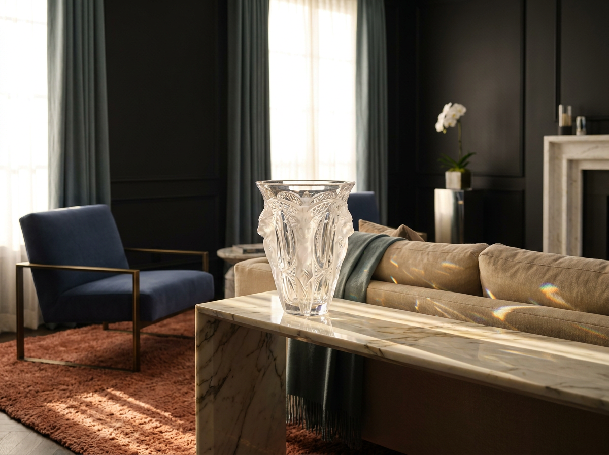 Ultra-luxury interior with prominent Lalique crystal vase — Pharisas blood filtration and longevity home design by Beverly Hills Luxury Interiors