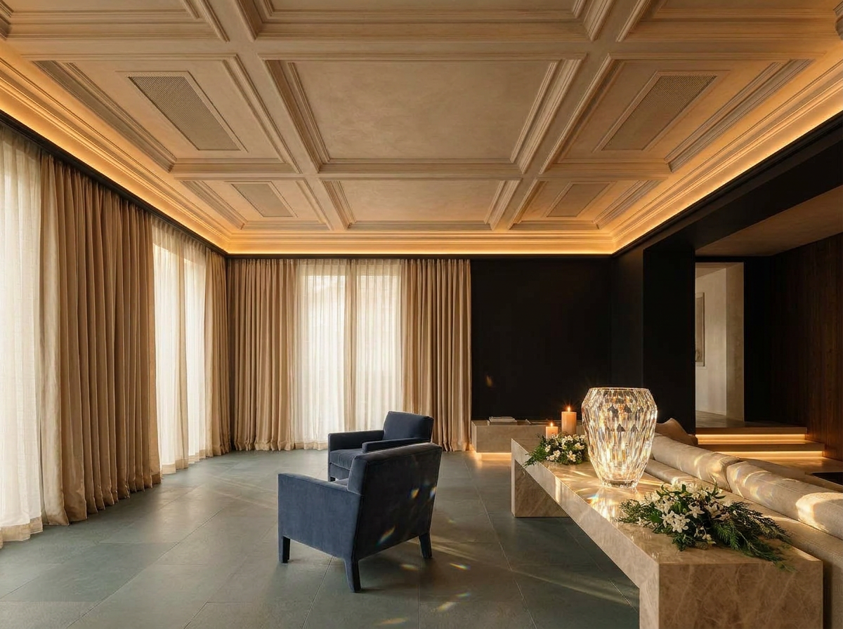 Ultra-luxury interior with prominent Lalique crystal vase — five senses sensory design and longevity home by Beverly Hills Luxury Interiors