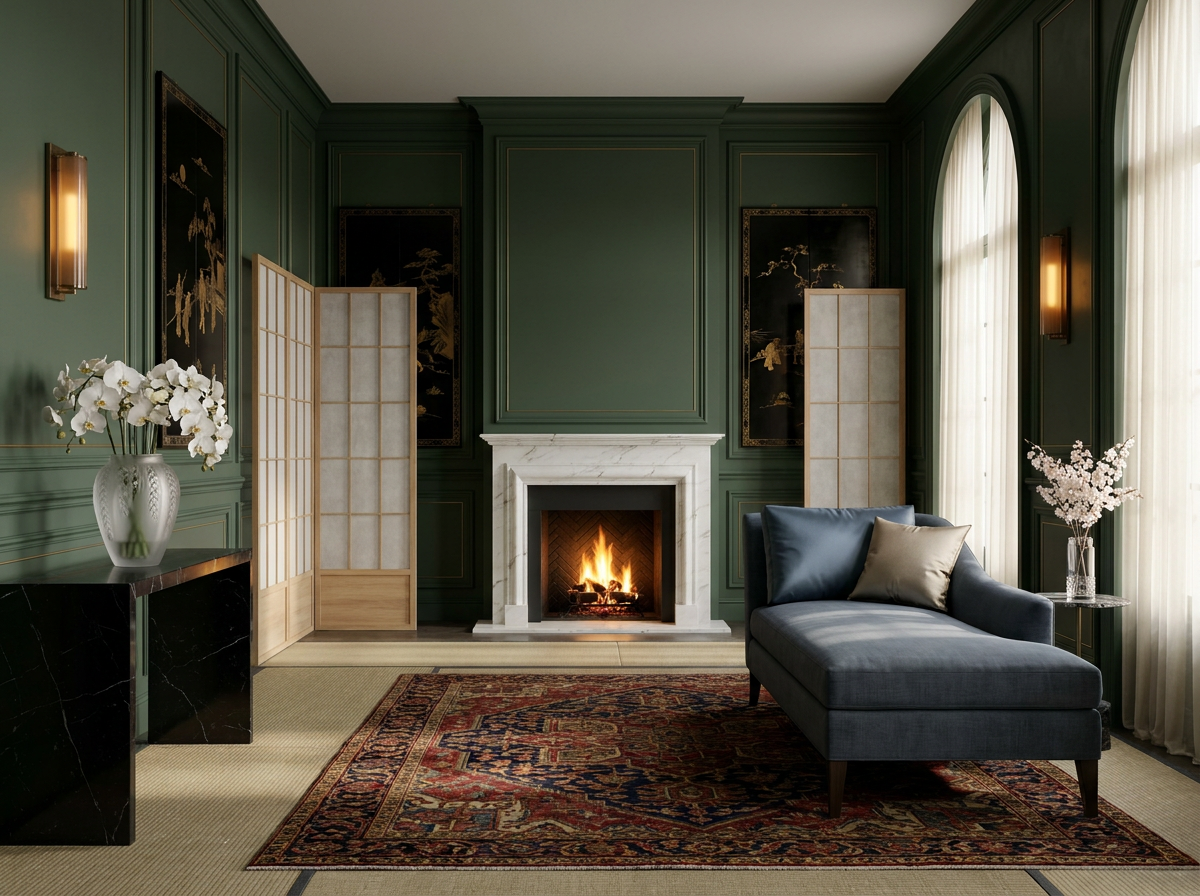 Ultra-luxury East-meets-West interior sanctuary: sage green walls, Lalique frosted crystal vase with white orchids, Japanese lacquer panels, classical marble fireplace — East-meets-West longevity design by Beverly Hills Luxury Interiors