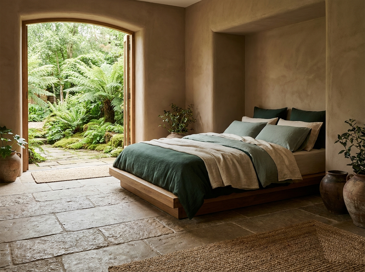 ÖND grounding and earthing space with natural stone flooring opening to a serene garden threshold
