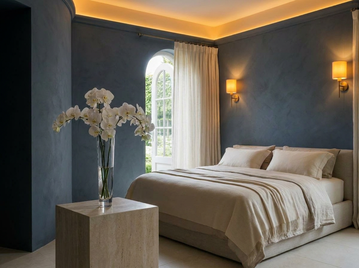 Ultra-luxury biohacking master bedroom sanctuary with amber circadian lighting, slate blue plaster walls, ivory cashmere bedding, crystal glass vase with white orchids on travertine plinth — Biohacking home design by Beverly Hills Luxury Interiors
