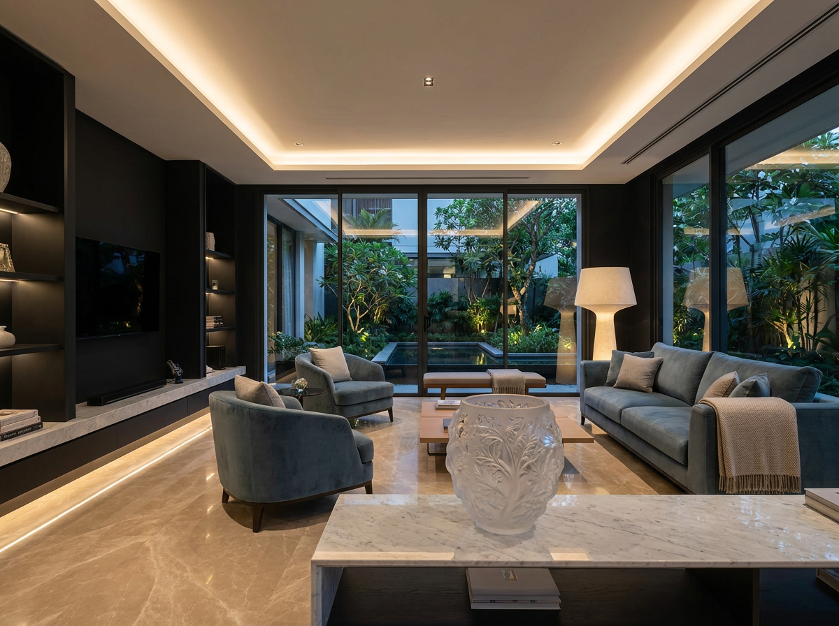 Ultra-luxury interior sanctuary with prominent Lalique crystal vase — EBOO blood filtration and longevity home design by Beverly Hills Luxury Interiors