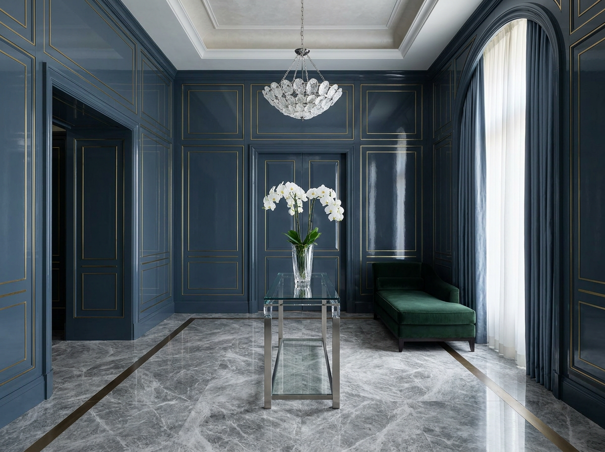 Ultra-luxury longevity wellness suite — deep slate blue lacquered panelling, crystal glass console, rock-crystal chandelier, forest green silk velvet chaise, pristine white orchids — Beverly Hills Luxury Interiors