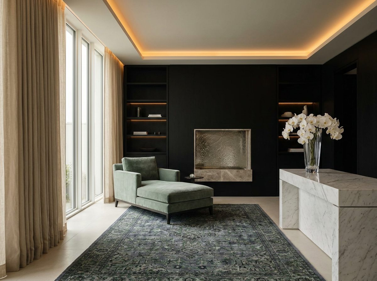 Ultra-luxury residential longevity wellness suite — slate blue and deep forest green with near-black accent wall, natural marble surfaces, white orchids in a crystal vessel, warm amber circadian lighting — Pharisas blood filtration and longevity home design by Beverly Hills Luxury Interiors