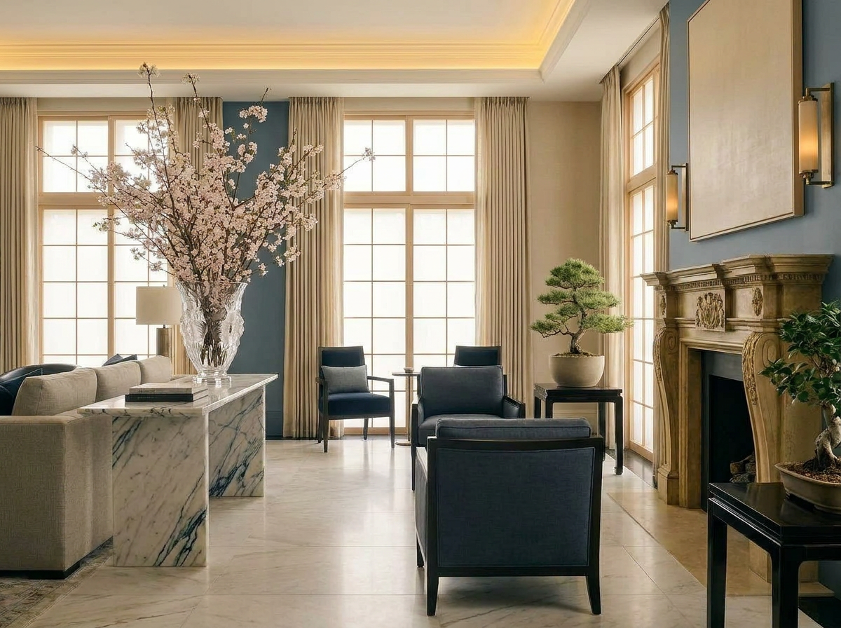 Ultra-luxury quiet luxury interior with prominent Lalique crystal vase — where design becomes medicine by Beverly Hills Luxury Interiors