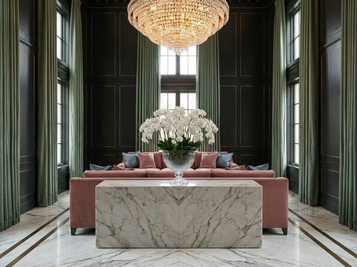 Ultra-luxury biohacking wellness design interior — sage green silk pleated drapery, dusty rose silk velvet sofa, Calacatta Viola marble console, crystal glass vessel with white orchids, warm charcoal lacquered panelling — Beverly Hills Luxury Interiors