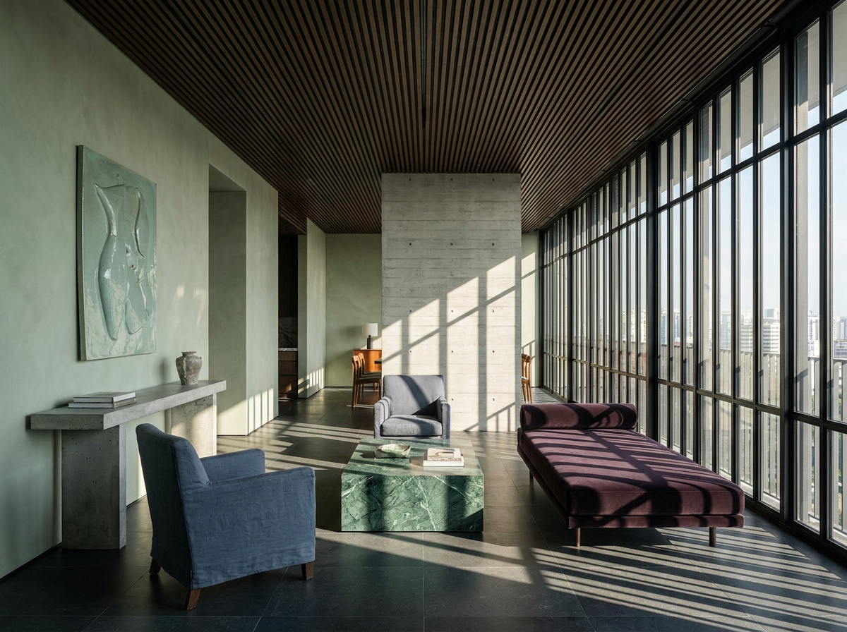 Interior design Singapore — a luxury penthouse living room with battened timber ceiling, sage plaster and single-orientation window wall, by Beverly Hills Luxury Interiors