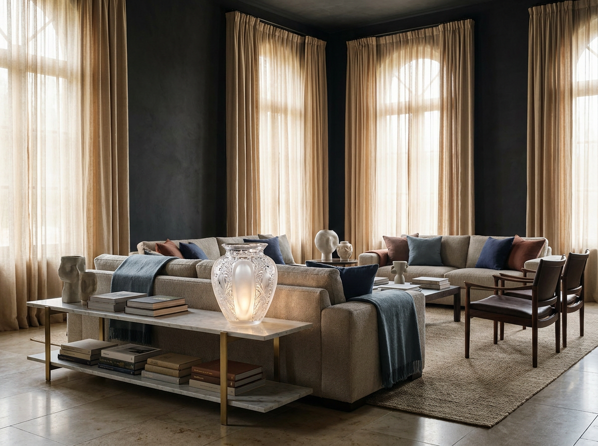Ultra-luxury interior with Lalique crystal vase — EBOO longevity home design by Beverly Hills Luxury Interiors
