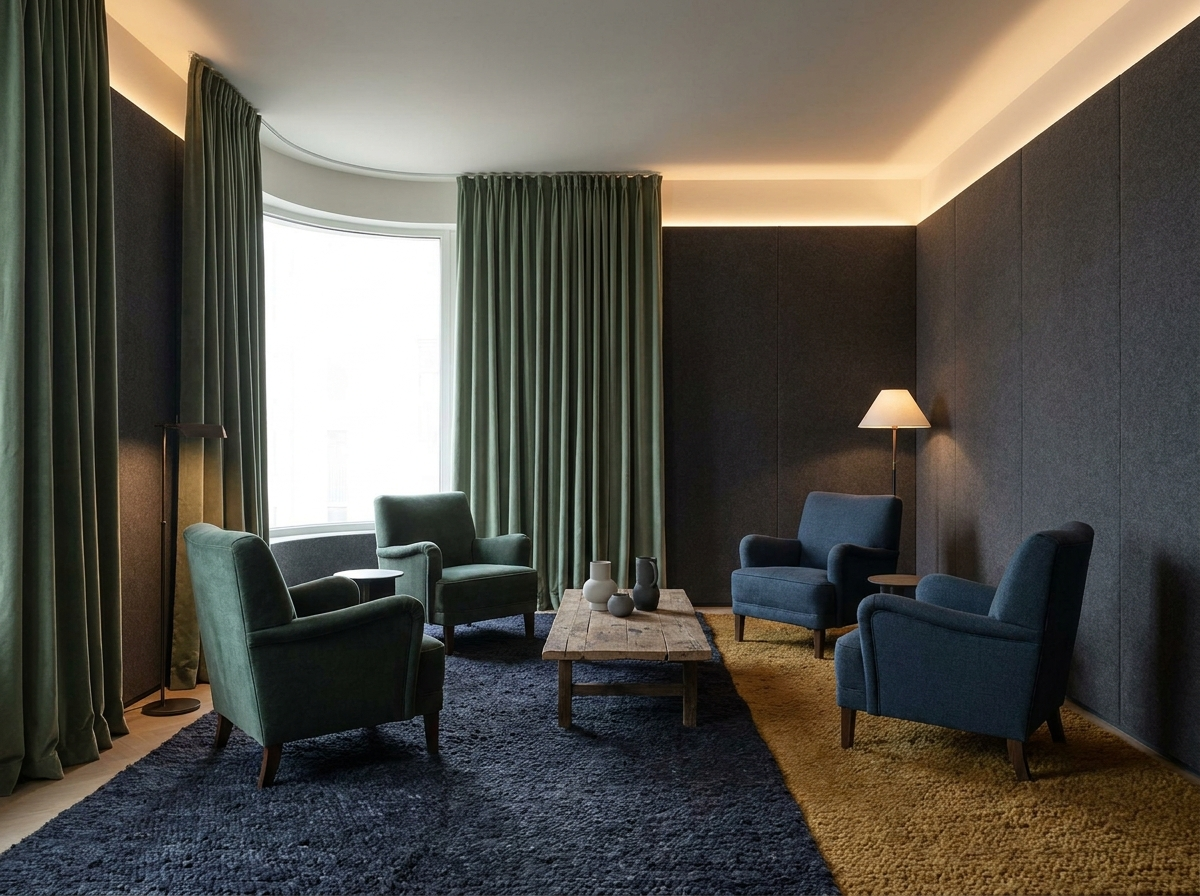 ÖND acoustic serenity room with felt panels, wool rugs and drapery engineered for near-total silence