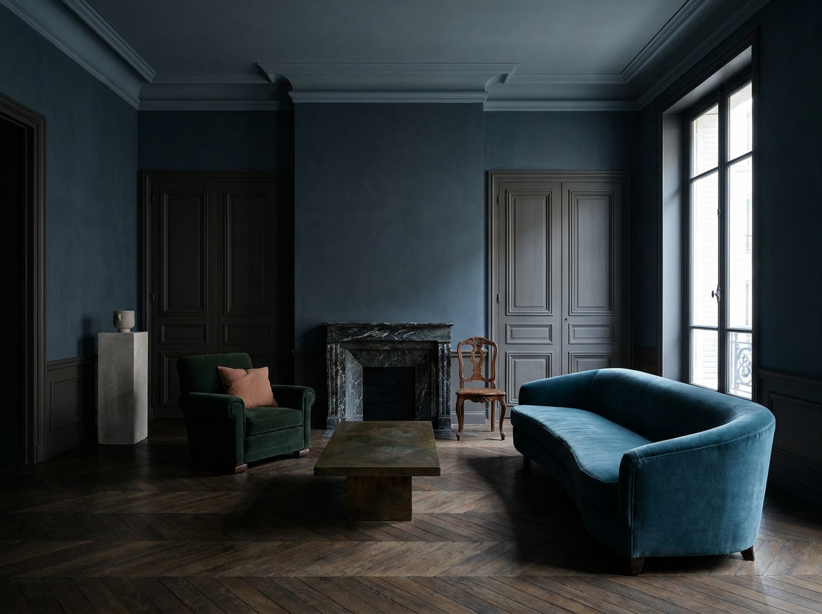 Quiet luxury interior design salon in slate blue lime plaster with deep cornice, dark oak herringbone parquet and mixed-provenance seating — Beverly Hills Luxury Interiors
