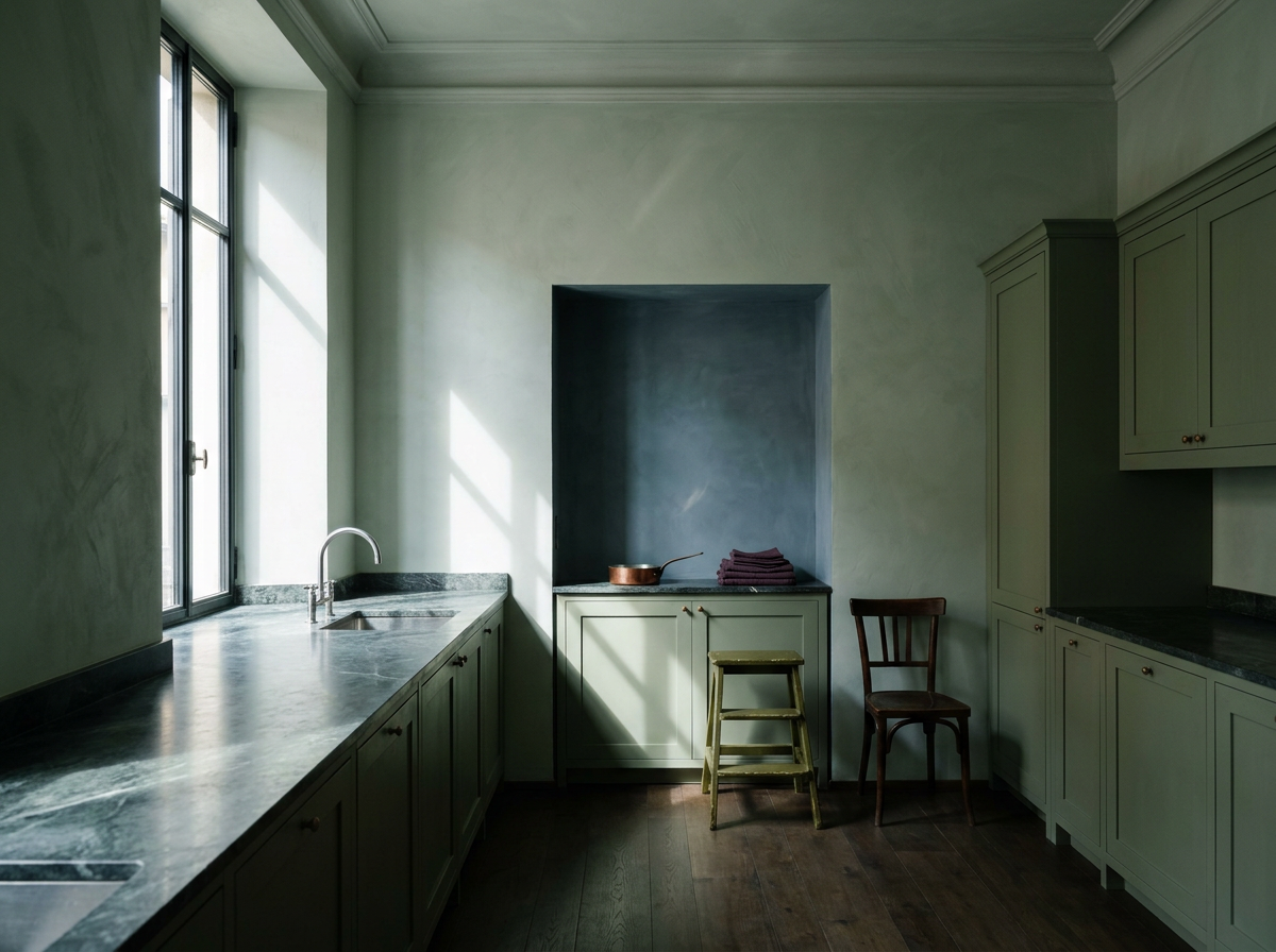 Non toxic home kitchen in celadon lime plaster, sage solid timber joinery with natural oil finish and honed veined stone worktop — Beverly Hills Luxury Interiors material purity specification