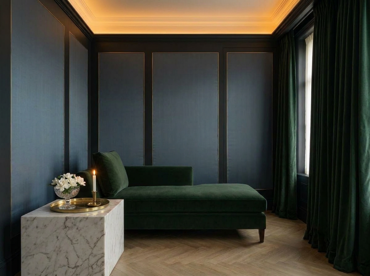 Ultra-luxury home wellness treatment lounge — slate blue silk walls, Calacatta marble chaise, crystal glass bowl with white gardenias, forest green velvet curtains — EBOO longevity design by Beverly Hills Luxury Interiors