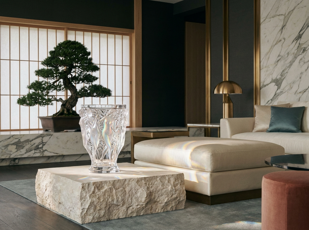 Ultra-luxury East-meets-West interior with Lalique crystal vase — Beverly Hills Luxury Interiors