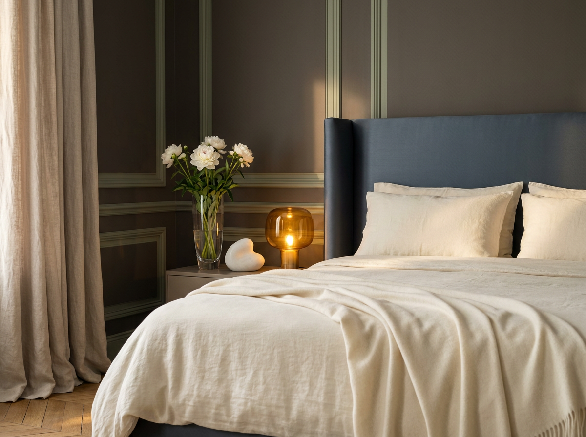 Ultra-luxury bedroom sanctuary with slate blue headboard, linen bedding, crystal glass vase with white peonies, warm charcoal wall panelling with sage accent — Microplastics and Material Purity by Beverly Hills Luxury Interiors