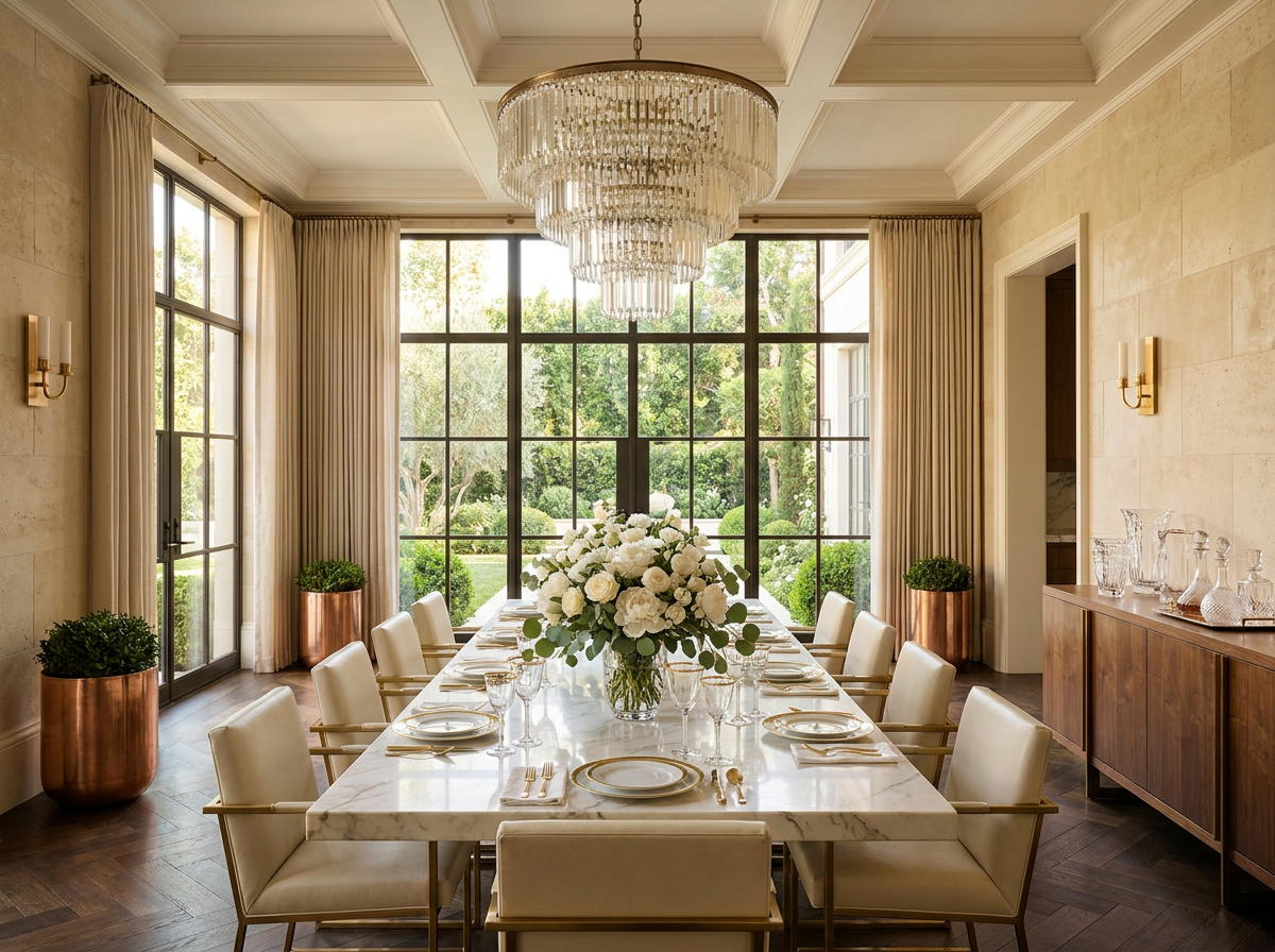 ÖND opulent formal dining room with crystal Lalique chandelier