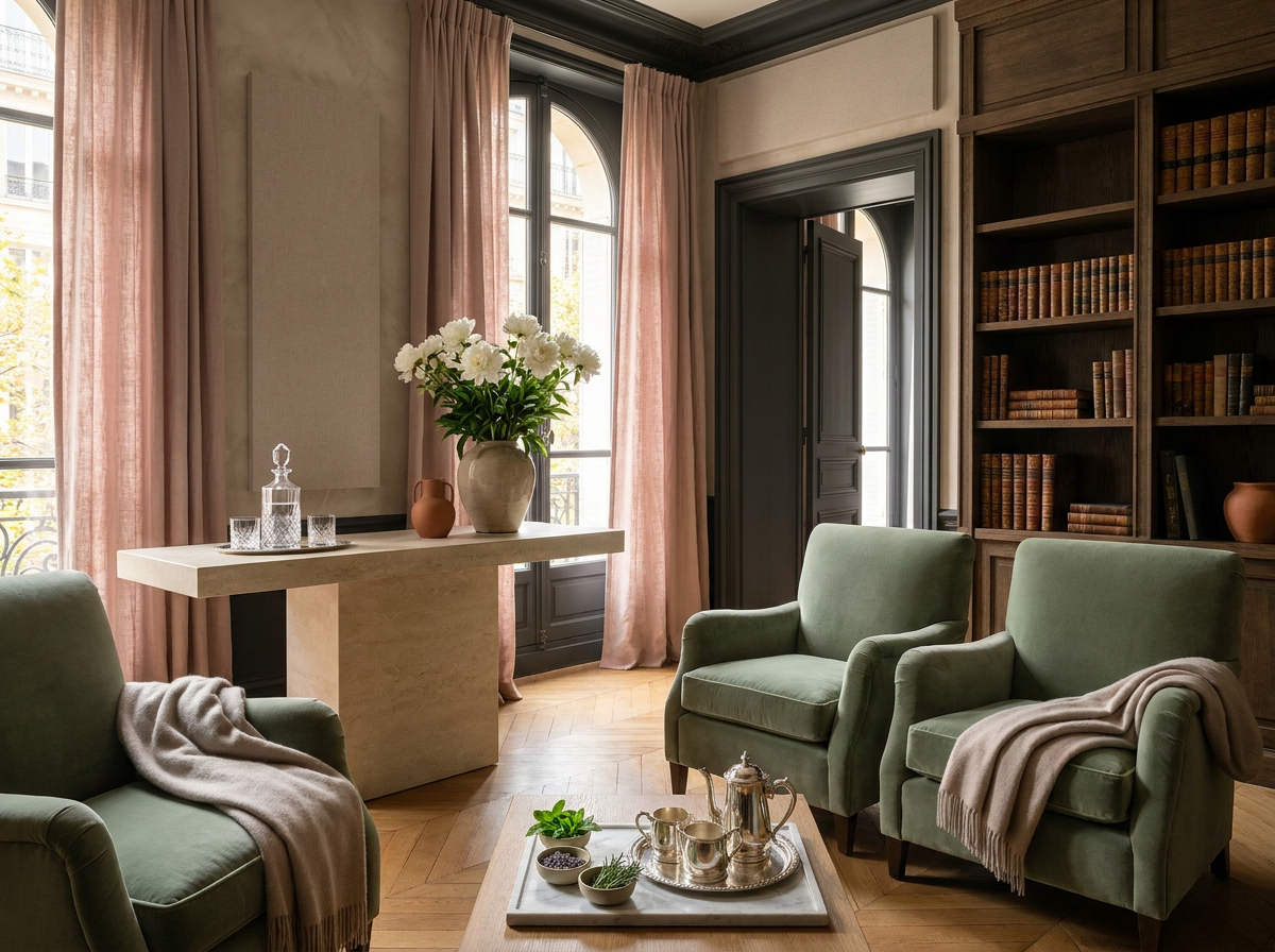 Ultra-luxury sitting room with sage green velvet, dusty rose linen curtains, crystal water carafe, white peonies and natural stone — Five Senses Framework by Beverly Hills Luxury Interiors
