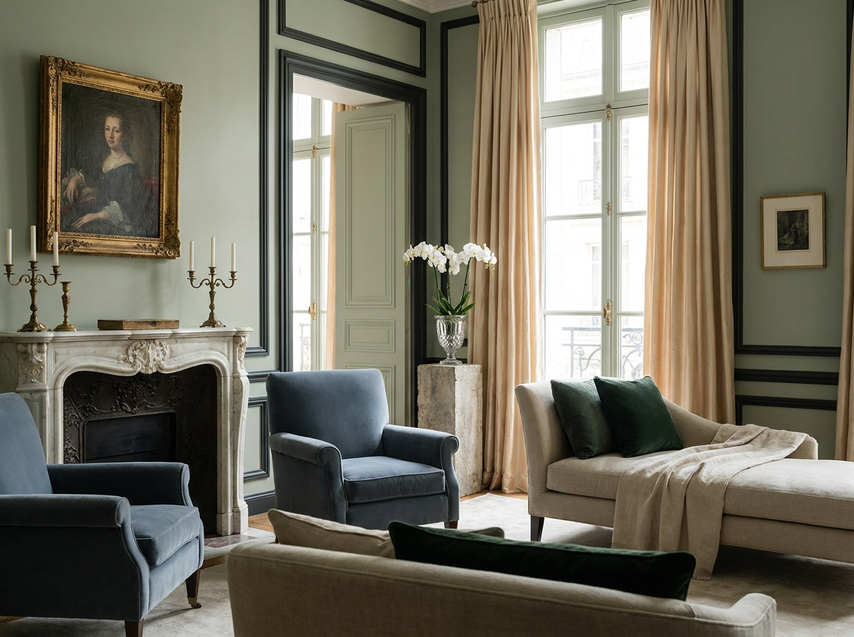 Ultra-luxury Quiet Luxury interior — sage green walls, slate blue armchairs, carved marble fireplace, champagne silk drapery, white orchids in crystal vessel — six disciplines of Quiet Luxury by Beverly Hills Luxury Interiors