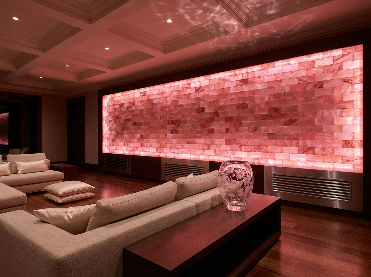 ÖND backlit Himalayan pink salt brick wall with circadian-synced rose chromotherapy and forced-oxygen halotherapy