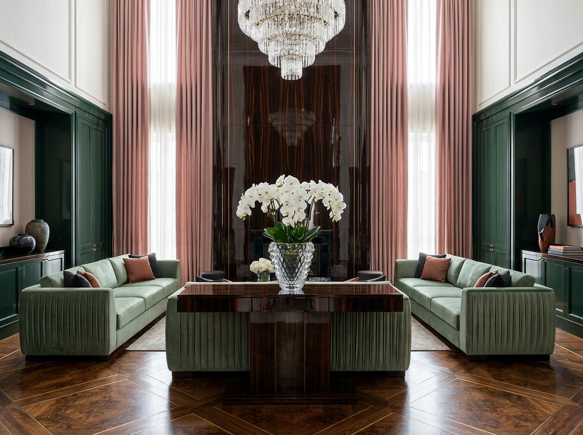Ultra-luxury grand salon — book-matched macassar ebony panelling, burr walnut marquetry parquet floor, crystal glass vase with white orchids, sage green silk velvet sofa, dusty rose silk drapery — Beverly Hills Luxury Interiors