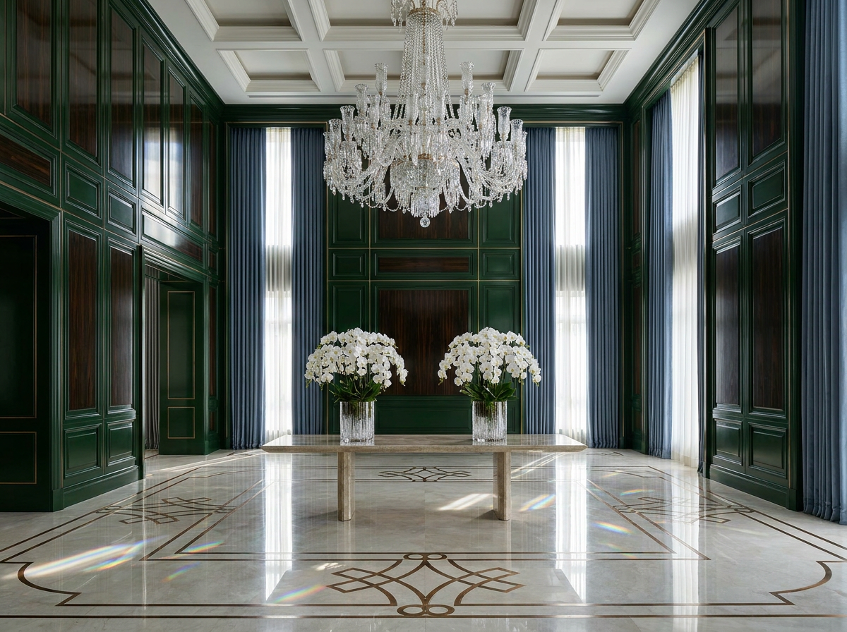 Grand palatial salon with macassar ebony lacquered panelling in deep forest green, rock-crystal chandelier, and mirror-polished marble floor — Beverly Hills Luxury Interiors
