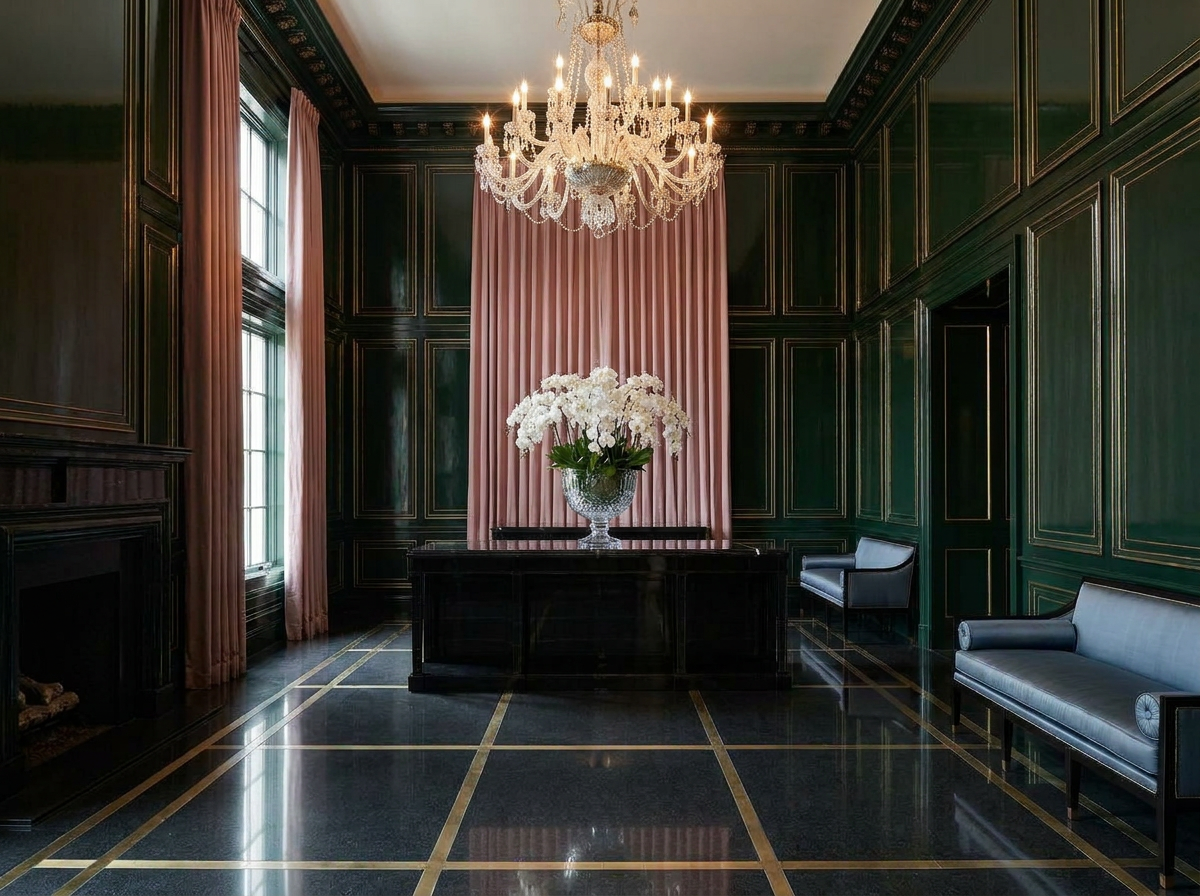 Ultra-luxury biohacking home interior — high-gloss forest green lacquered panelling, crystal art glass vessel with white orchids, polished brass details, rock-crystal chandelier — Beverly Hills Luxury Interiors