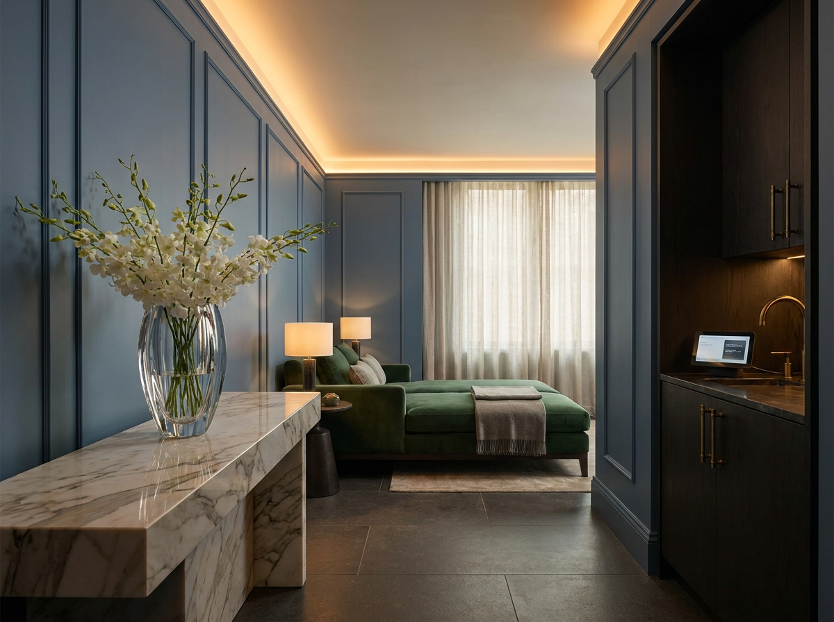 Ultra-luxury clinical wellness suite — slate blue panelled walls, Calacatta marble console, crystal glass vase with white orchids, forest green velvet daybed, brass fixtures, warm amber lighting — Blood Filtration and Longevity Home design by Beverly Hills Luxury Interiors