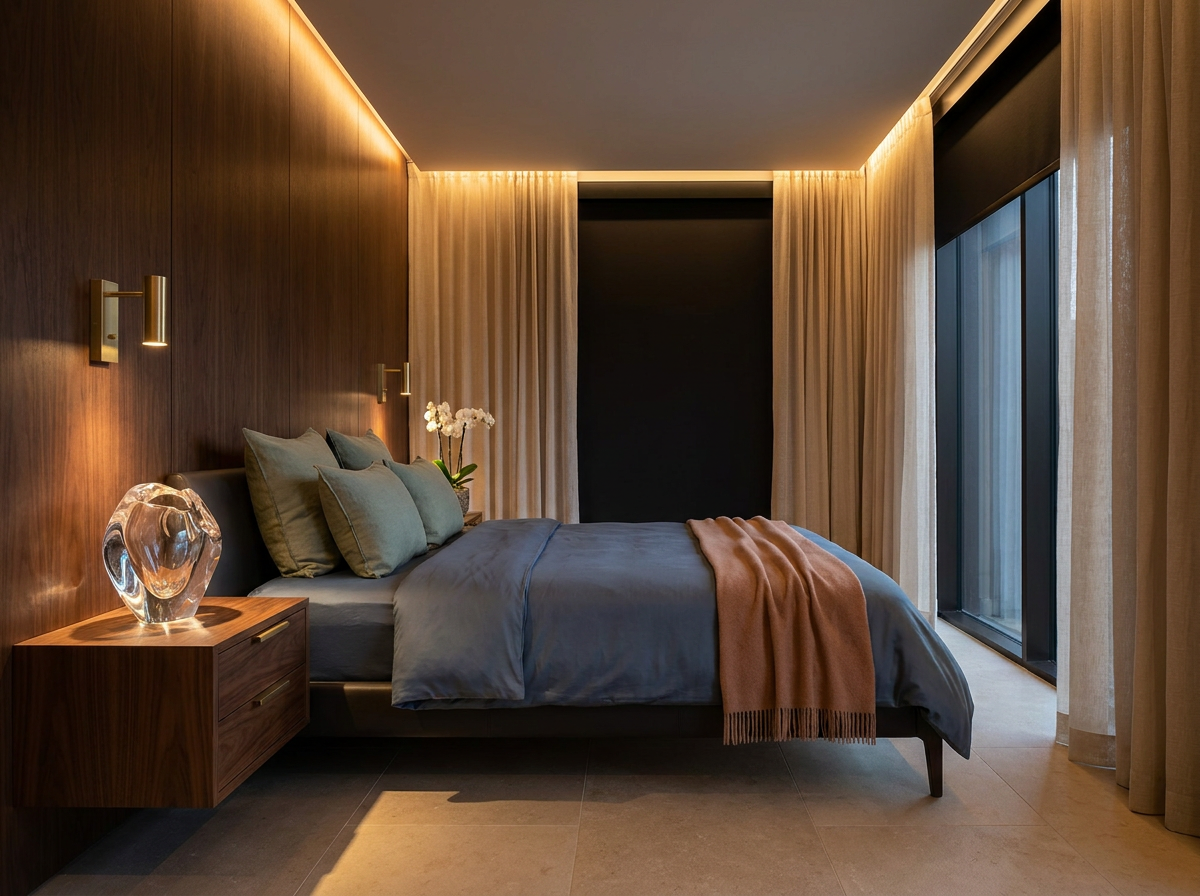 Ultra-luxury longevity master bedroom, dusty rose linen headboard, deep forest green botanical-print wall panels, warm charcoal oak herringbone floor, amber tunable sconces, linen bedding — Six Invisible Forces by Beverly Hills Luxury Interiors