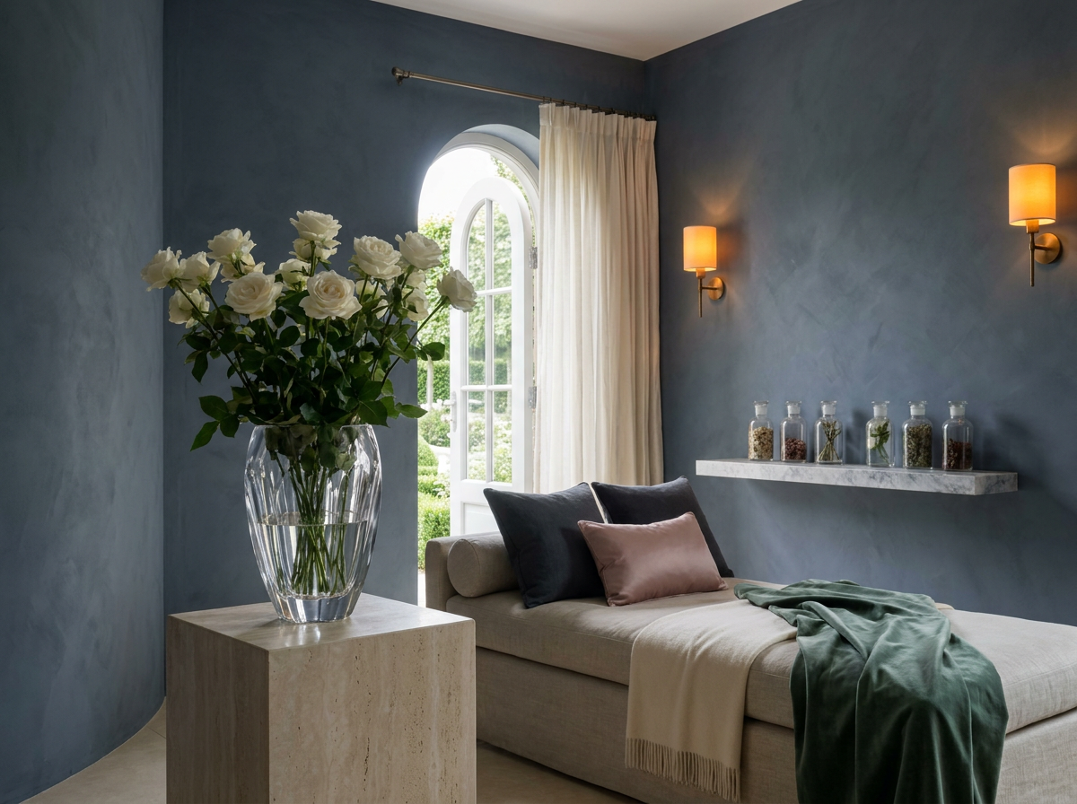 Ultra-luxury longevity recovery suite, deep slate blue limewashed plaster walls, crystal glass vessel with white roses on travertine plinth, linen daybed, brass sconces — Four Elements longevity design by Beverly Hills Luxury Interiors