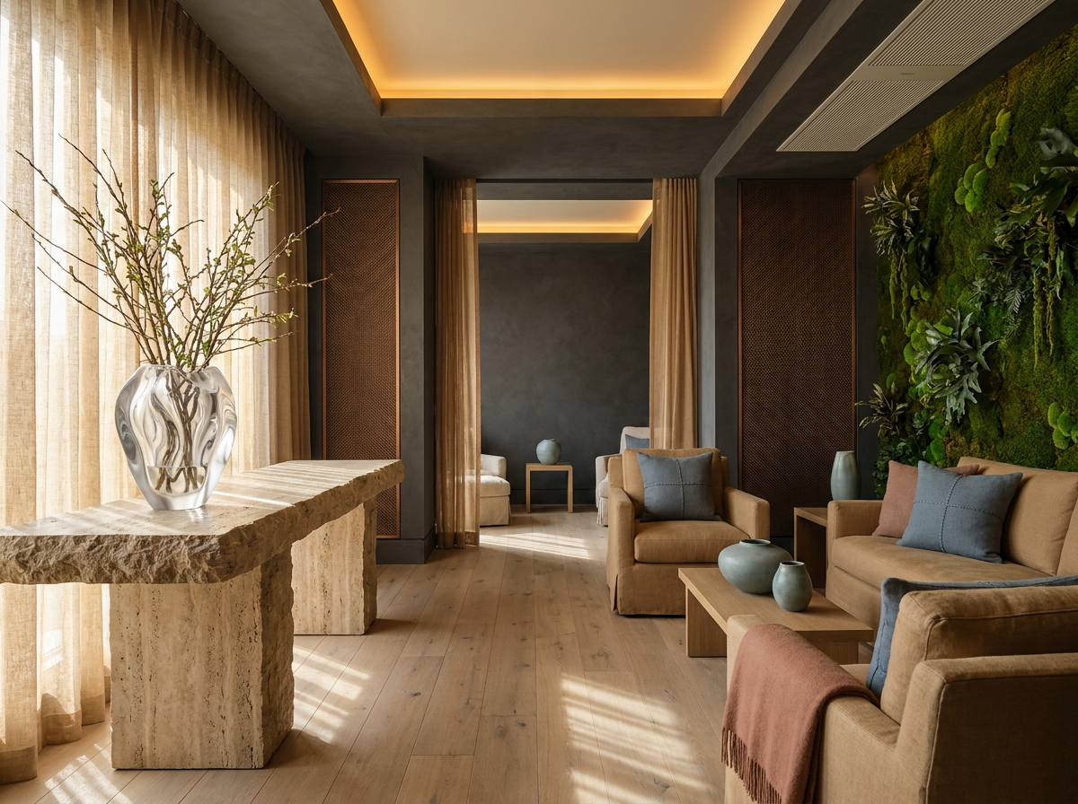 Ultra-luxury biohacking longevity interior with prominent Lalique crystal vase and circadian lighting — Beverly Hills Luxury Interiors