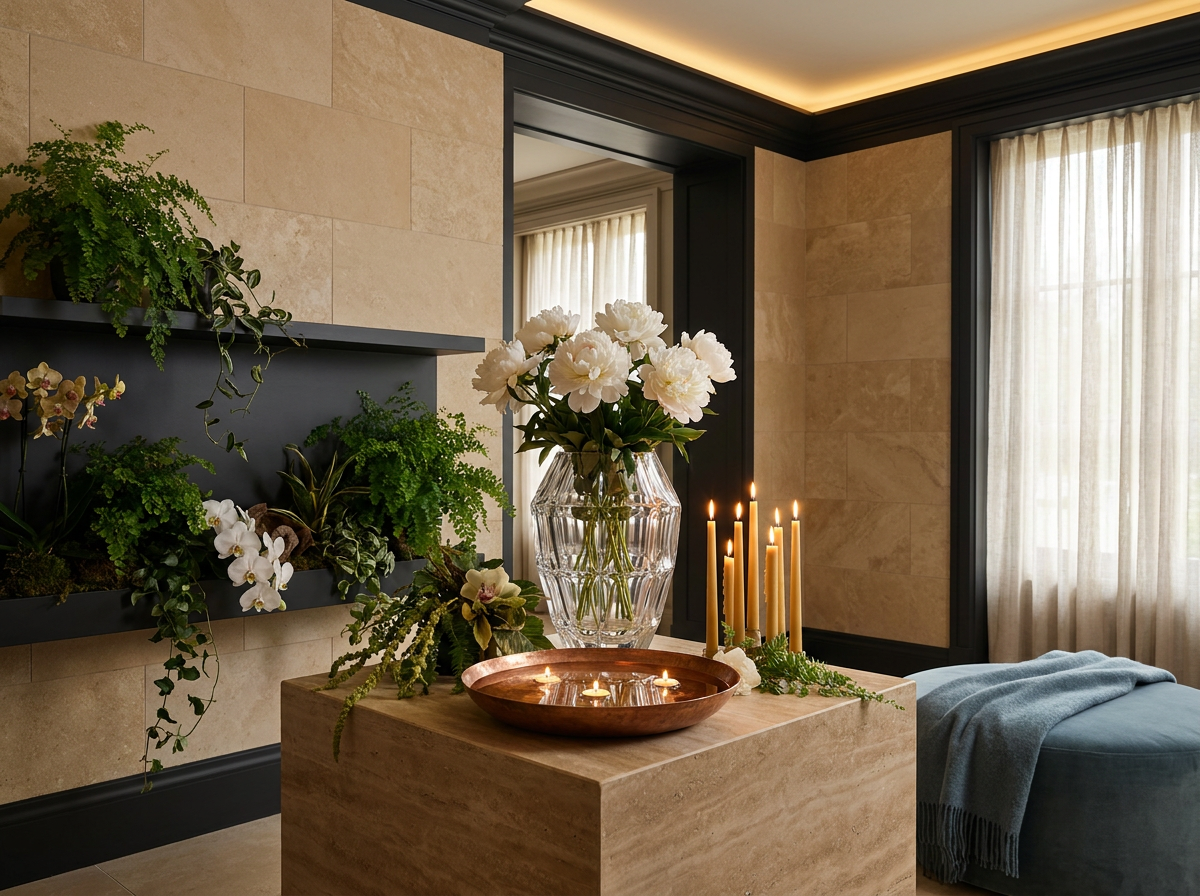 Ultra-luxury interior with prominent Lalique crystal vase — four elements longevity home design by Beverly Hills Luxury Interiors