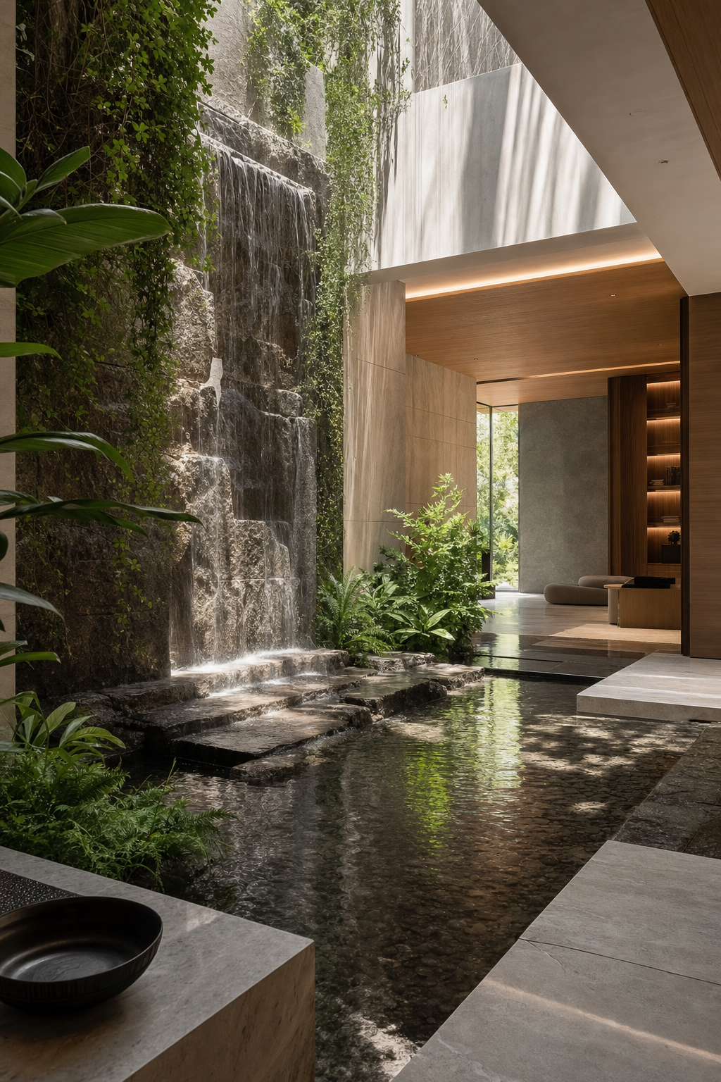 A serene luxury interior courtyard with a natural stone water feature, greenery and soft daylight, representing light, air and water in harmony