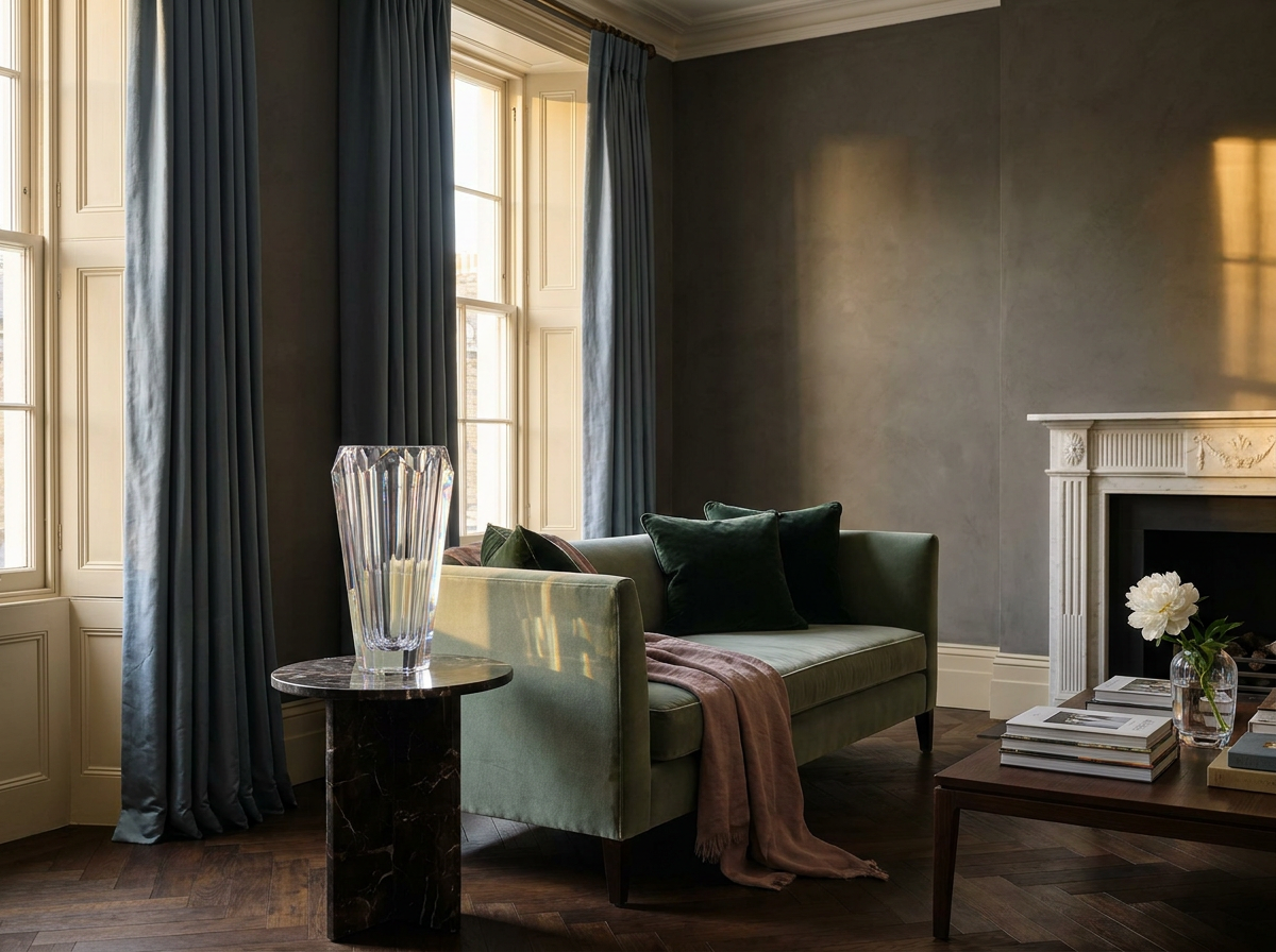 Ultra-luxury European atelier living room with prominent Lalique crystal vase, sage velvet chaise, slate blue silk curtains — Quiet Luxury Neuroscience by Beverly Hills Luxury Interiors