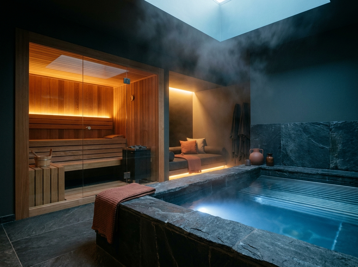ÖND thermal comfort suite with cedar sauna and cold plunge pool for contrast therapy