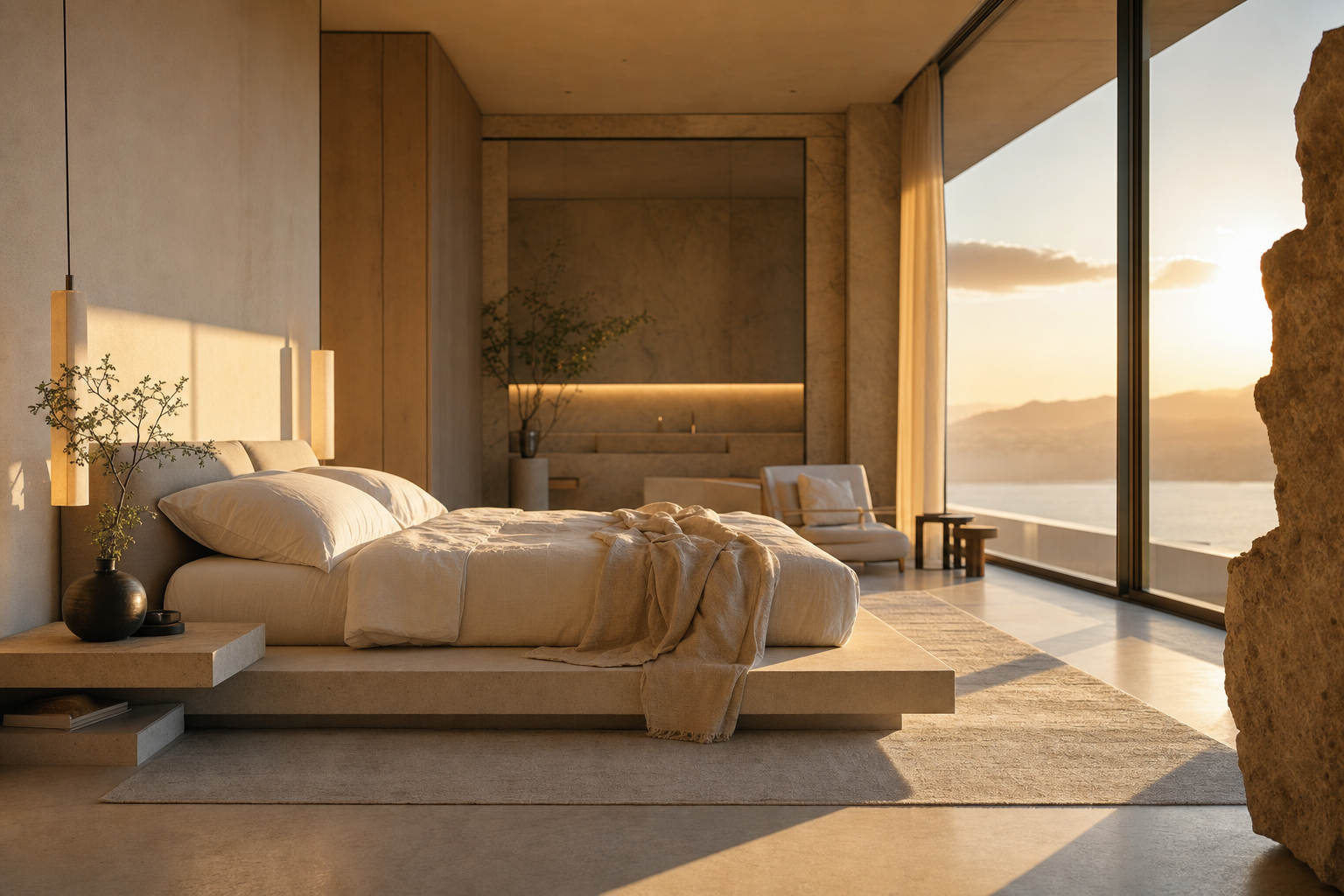 An ultra-luxury minimalist bedroom suite at dawn, bathed in soft circadian daylight