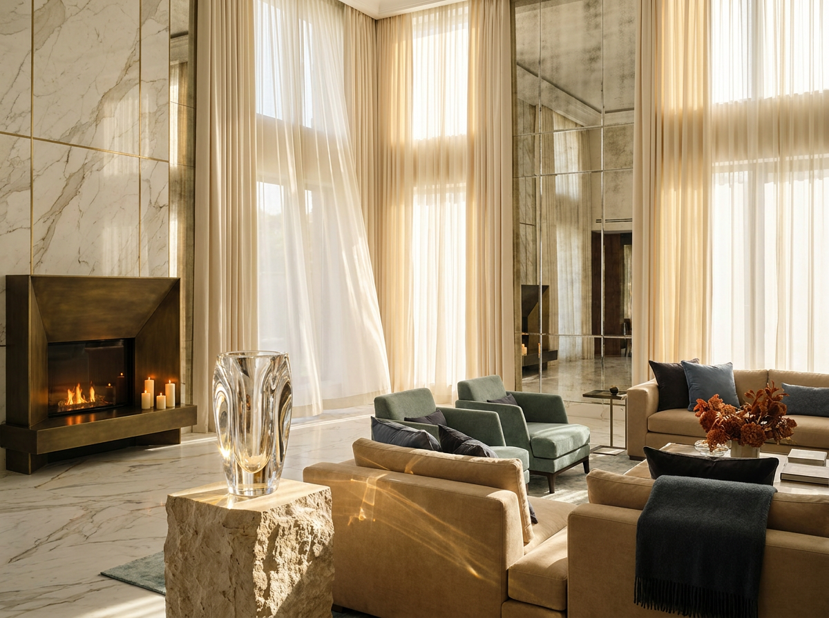 Ultra-luxury interior with Lalique crystal vase evoking Earth, Water, Fire, and Air — Beverly Hills Luxury Interiors