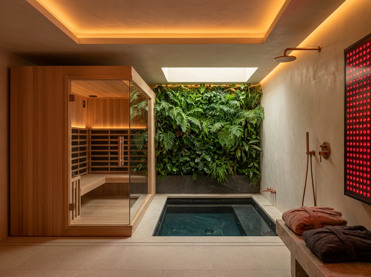 ÖND underground wellness suite with infrared sauna, cold plunge pool, and red light therapy
