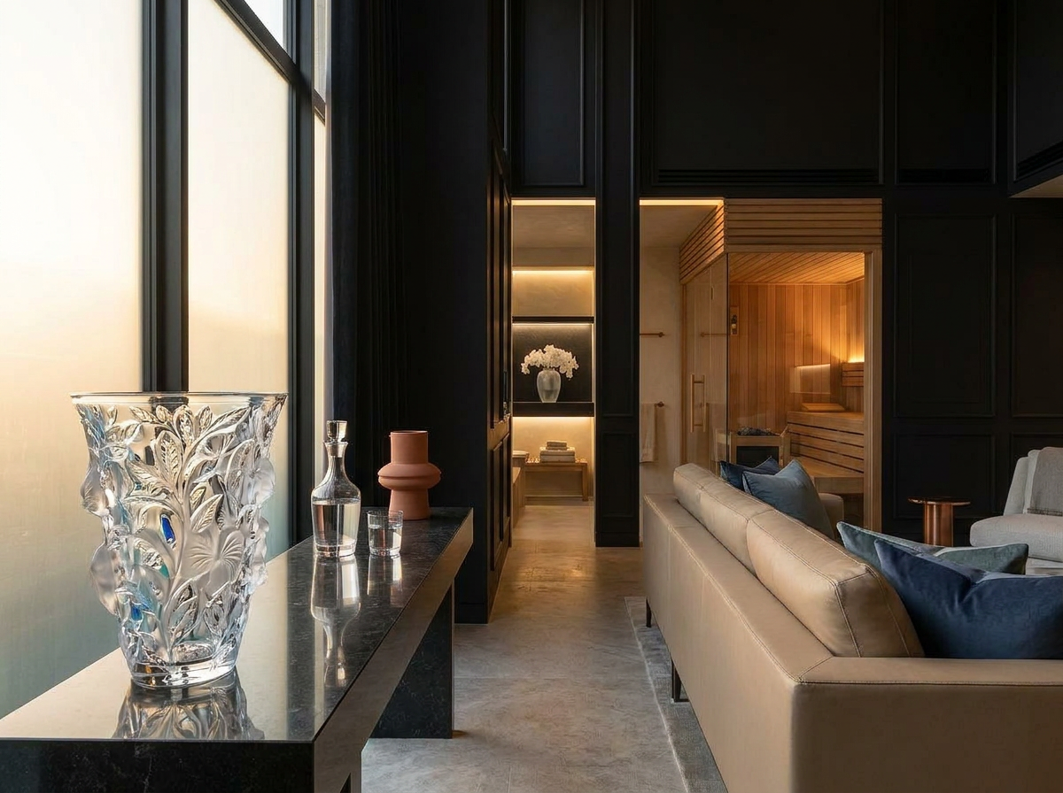 Ultra-luxury interior with prominent Lalique crystal vase — biohacking design seven pillars longevity home by Beverly Hills Luxury Interiors