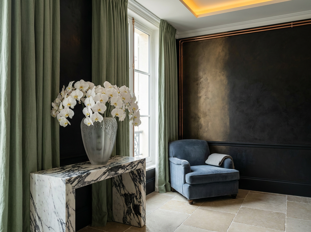Ultra-luxury quiet luxury interior with Lalique crystal vase, copper water filtration detail, sage linen drapery, slate blue velvet armchair — Microplastics and water purity by Beverly Hills Luxury Interiors