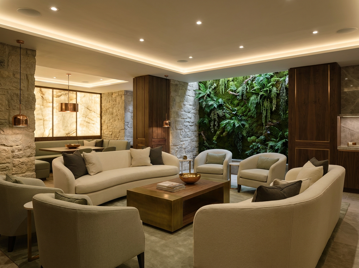 ÖND luxury subterranean crisis sanctuary living room with circadian lighting and biophilic design