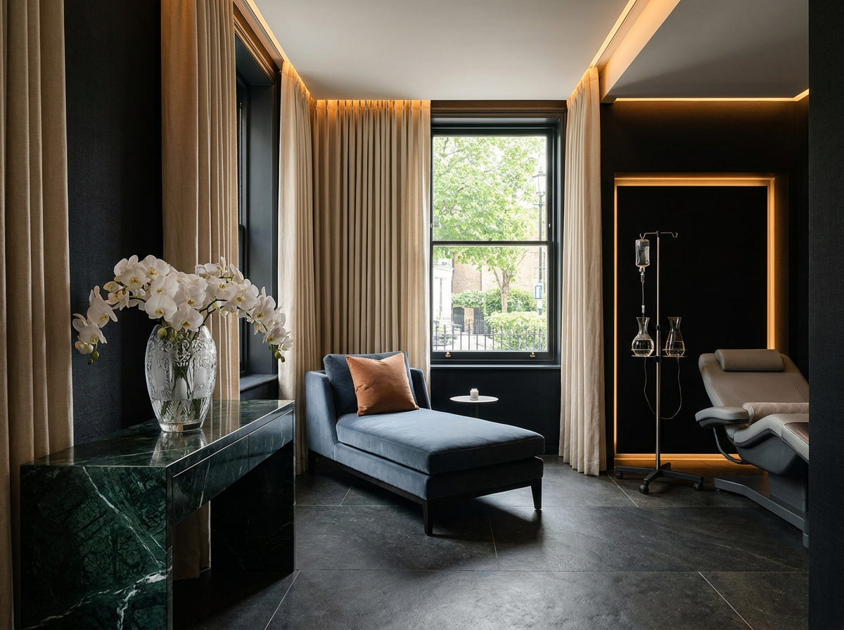 Ultra-luxury residential biohacking suite, Lalique crystal vase with white orchids on forest green marble console, near-black accent wall, slate blue velvet chaise, warm amber lighting — EBOO blood filtration and longevity home design by Beverly Hills Luxury Interiors