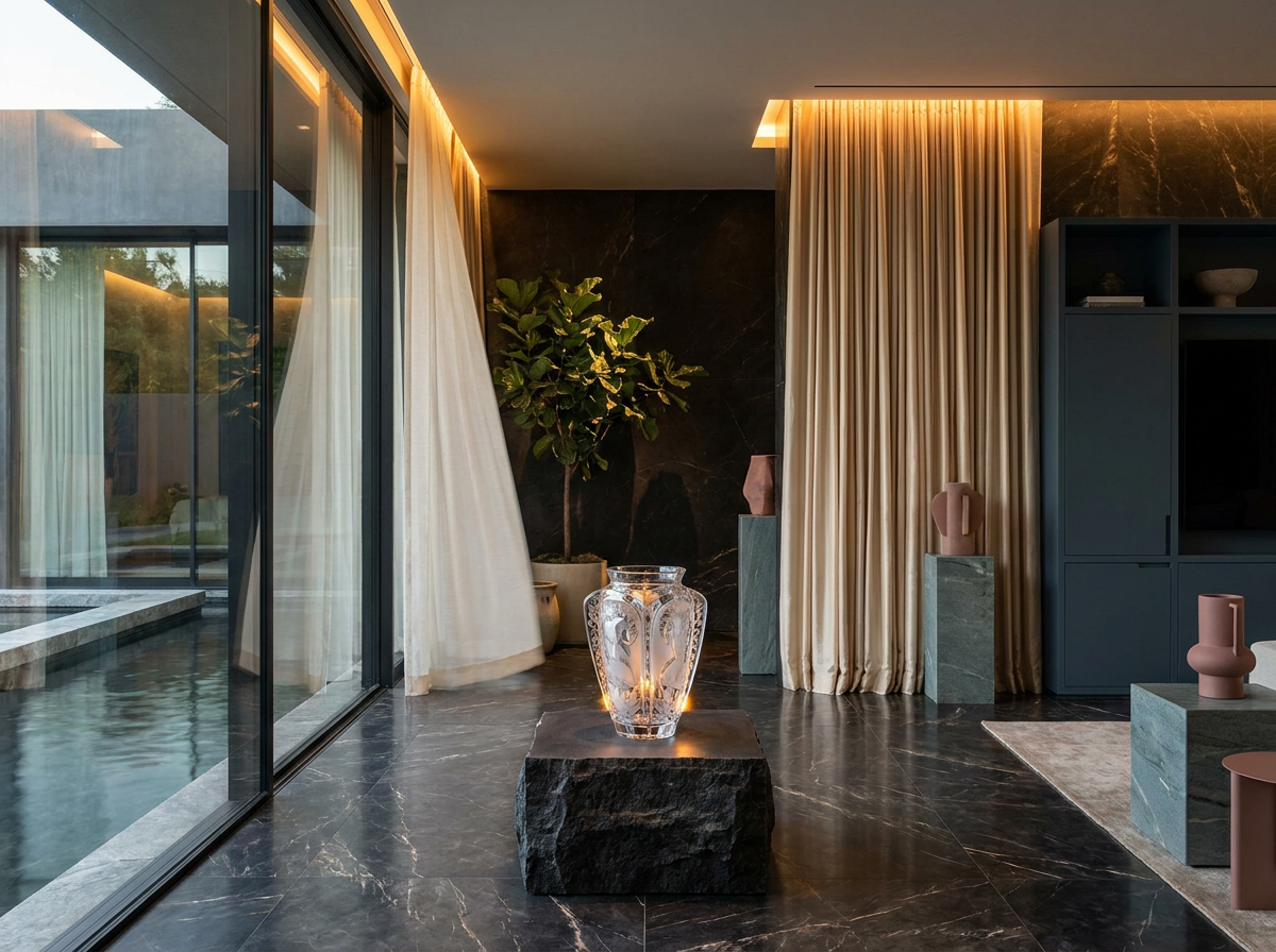Ultra-luxury interior with prominent Lalique crystal vase embodying the four classical elements — Earth, Water, Fire, Air — by Beverly Hills Luxury Interiors