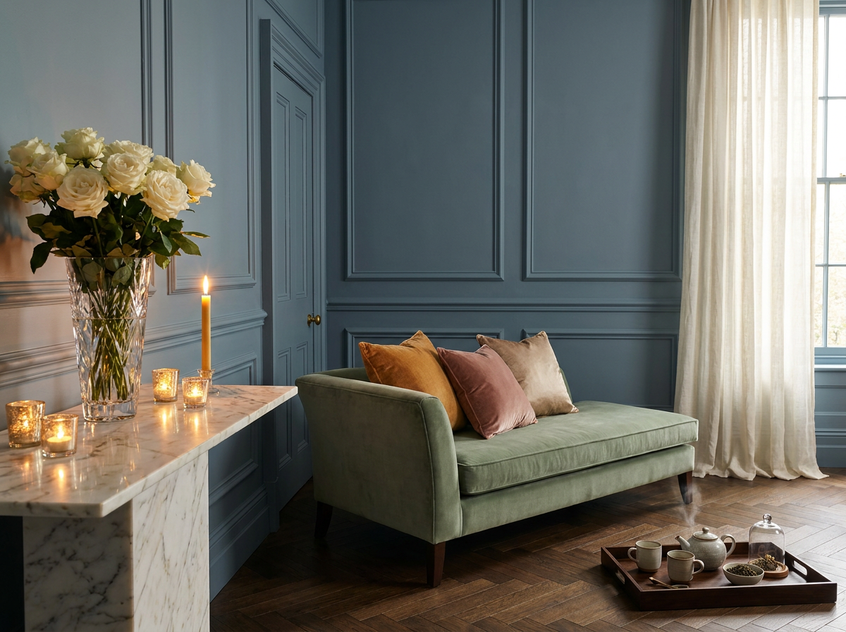 Ultra-luxury drawing room — slate blue panelled walls, crystal glass vase on Calacatta marble console, sage green velvet chaise longue, ivory linen curtains, artisan tea tray, warm candlelight — The Sensory Symphony Five Senses longevity design by Beverly Hills Luxury Interiors