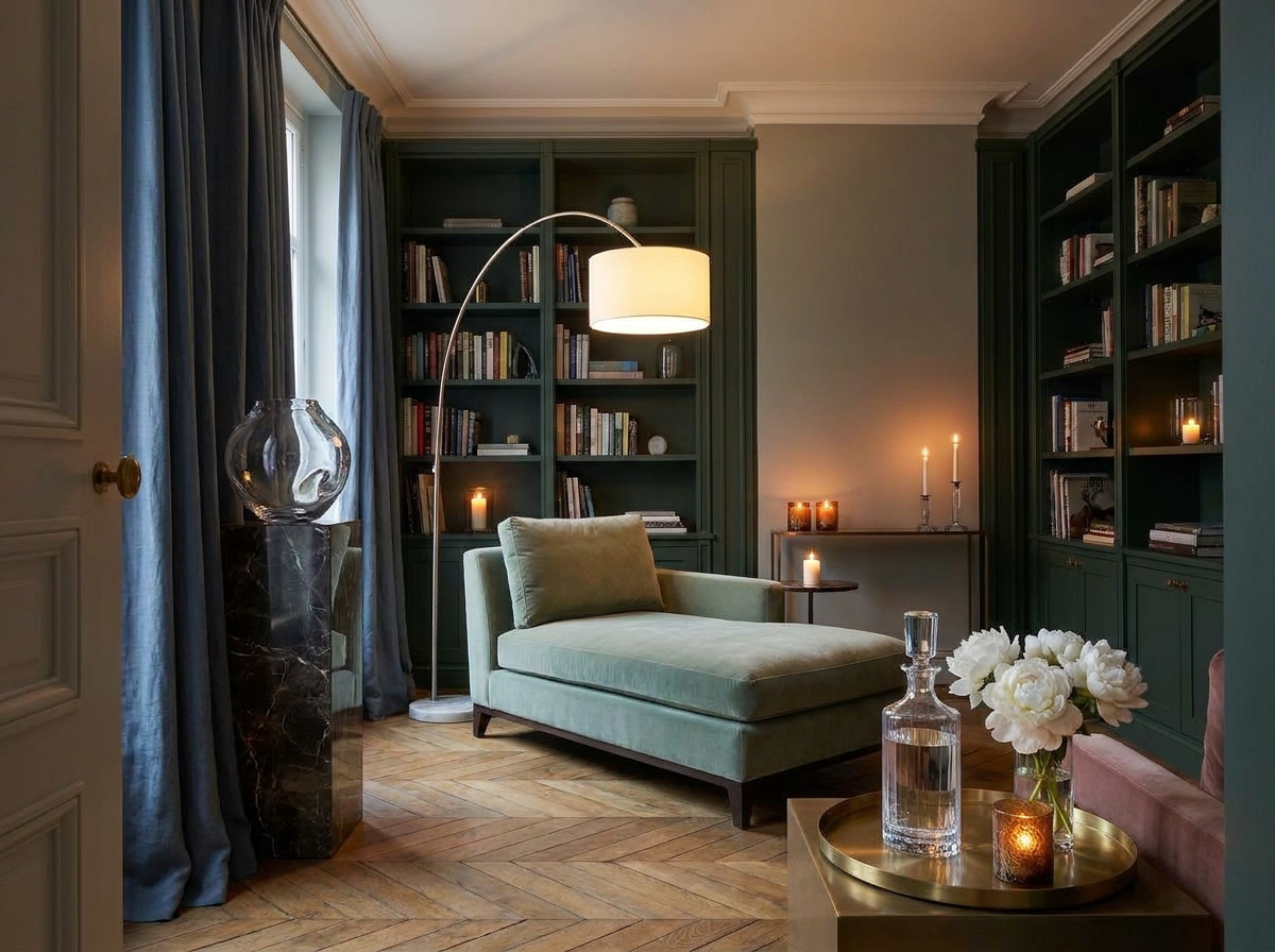 Ultra-luxury East-meets-West interior with Lalique crystal vase, sage green drapes and contemplative quiet luxury atmosphere — Beverly Hills Luxury Interiors