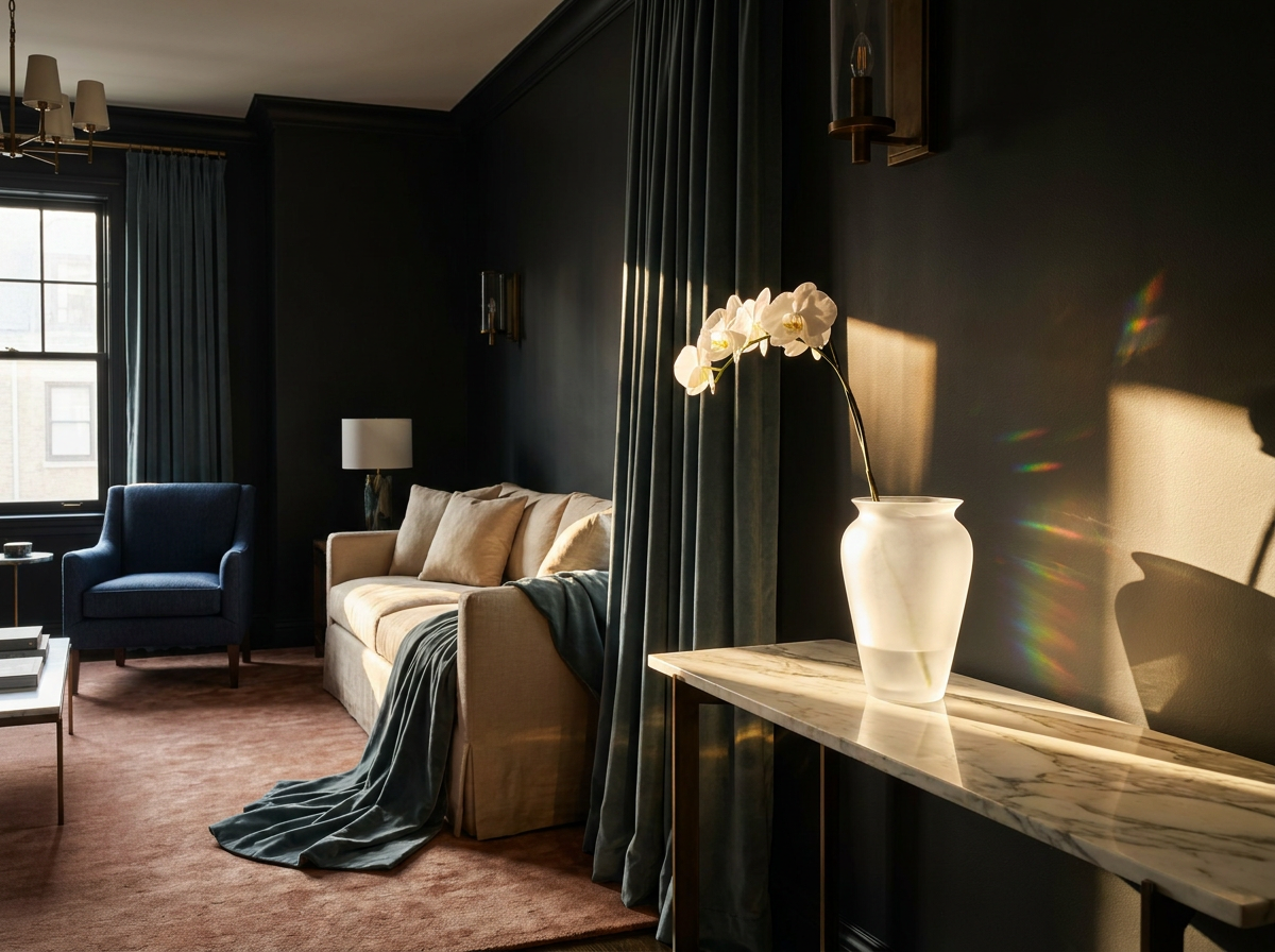 Ultra-luxury interior with prominent Lalique crystal vase — EBOO blood filtration and longevity home by Beverly Hills Luxury Interiors