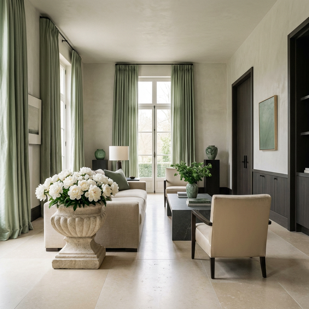 Ultra-luxury East-meets-West interior with sage green drapes, stone plinth with white peonies, contemplative quiet luxury atmosphere — Beverly Hills Luxury Interiors